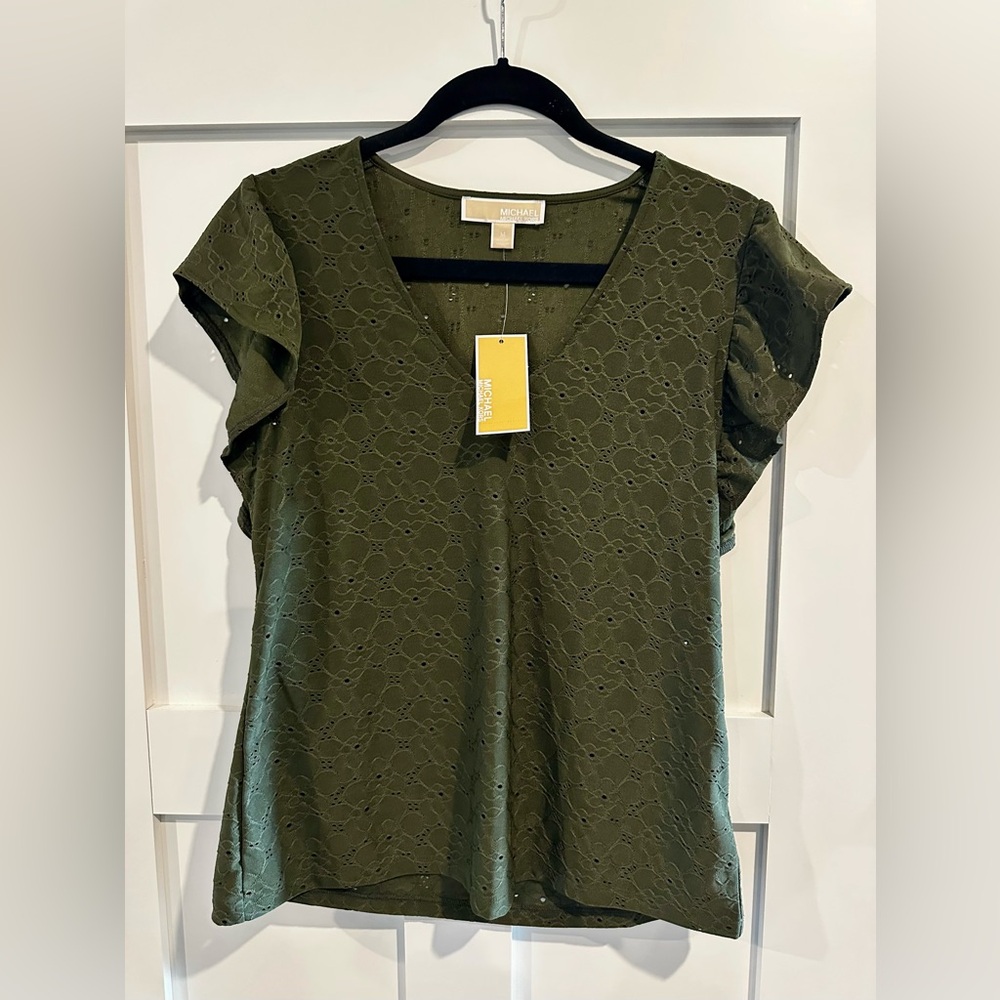 Michael Kors Green Flutter Sleeve Ruffled Blouse